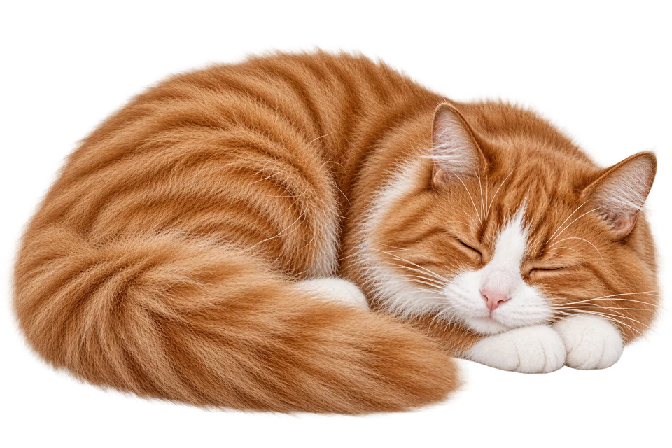A ginger tabby curls up asleep on the tees