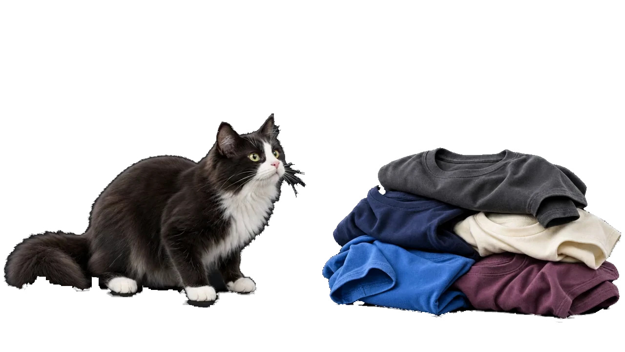 A tuxedo cat on the left, poised to jump onto a pile of folded tees on the right