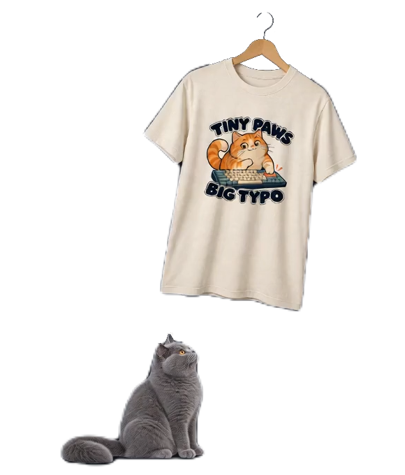 A British Blue cat beneath the hanging Tiny Paws Big Typo tee, ready to reach for its hem