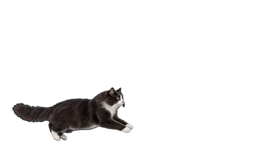 A long-haired tuxedo cat dashes and leaps across the collection