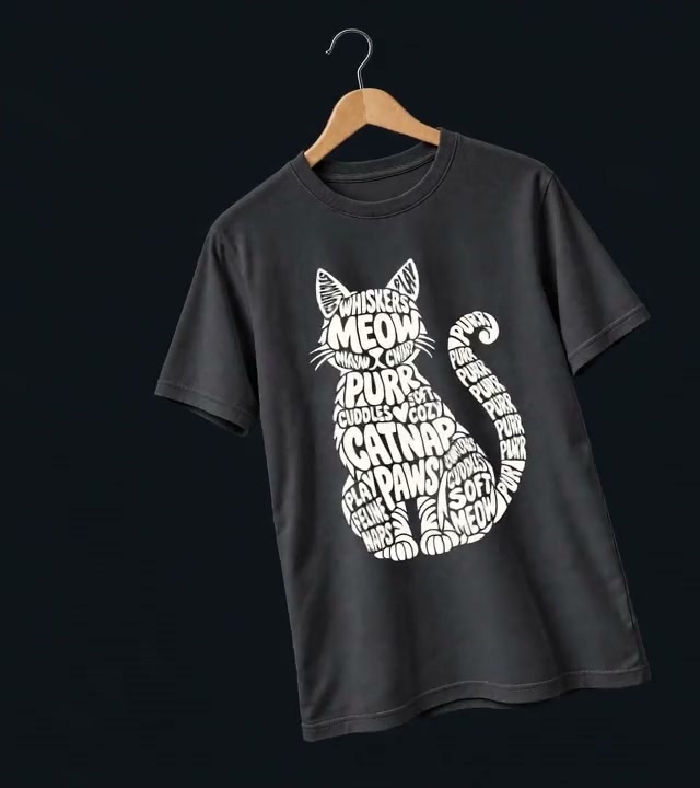 Charcoal Word Cloud Cat T-shirt hanging from a wooden hanger
